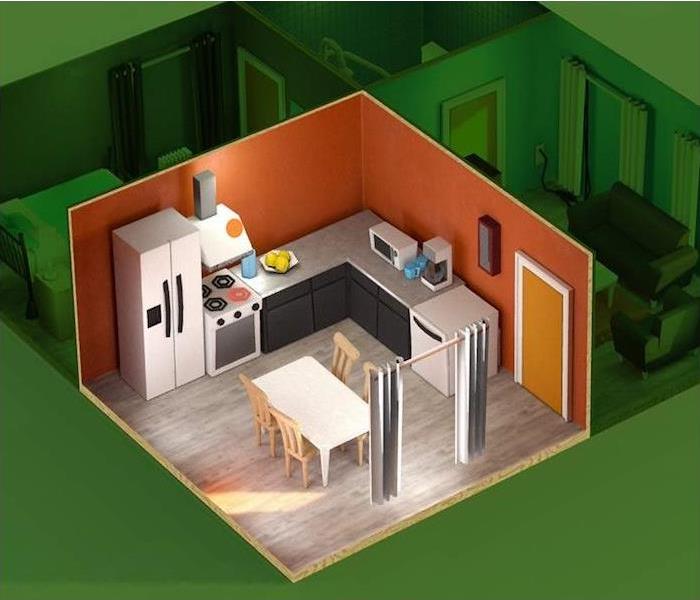 fly over view of a residential kitchen 