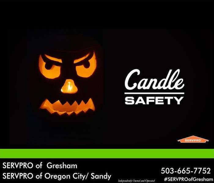 Black background with orange Jack-O-Lantern face next to the words Candle Safety. 